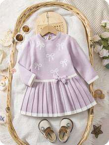 SHEIN Playful Pals 女婴休闲时尚蓝色褶皱下摆蝴蝶结针织长袖连衣裙。柔软舒适。适合秋冬季节、圣诞节、开学季、派对等场合穿着。 - 淺灰紫 - 查看 8