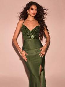 Glamine Đầm dài hở lưng cao xếp ly sequin chắp vá cao cấp Đầm tốt nghiệp mùa hè Đầm maxi cho nữ - Màu xanh Ô liu - Xem 3