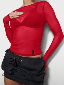 SUMWON WOMEN Long Sleeve Mesh Semi Sheer Crop Top For Festival Party Club Wear With Round Neckline - Red - View 3