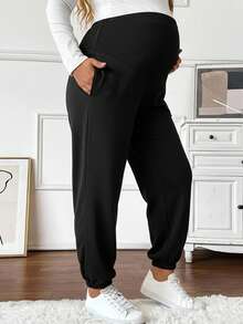 SHEIN 大码孕妇纯色休闲保暖裤 - 黑色 - 查看 4