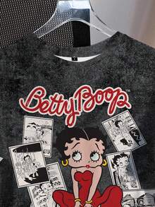 Betty Boop x SHEIN 女士休闲字母卡通图案圆领短袖水洗T恤，夏季款 - 白色 - 查看 4