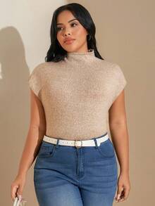 SHEIN Tall CURVE 大码优雅高领宽松休闲百搭无袖针织背心，适合外出穿着，秋冬季校园上衣 - 杏色 - 查看 6