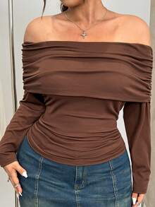GalTyme Plus Size Solid Color Off-Shoulder Fitted Elegant Long Sleeve T-Shirt, Brown Top Women Brown Long Sleeve Top Chocolate Brown Top Brown Off Shoulder Top,Fall /Autumn/Winter,Christmas,New Year,Thanksgiving,Party,Wedding,Beach,Elegant,Casual,Going Out,Date,Appointment,Commute