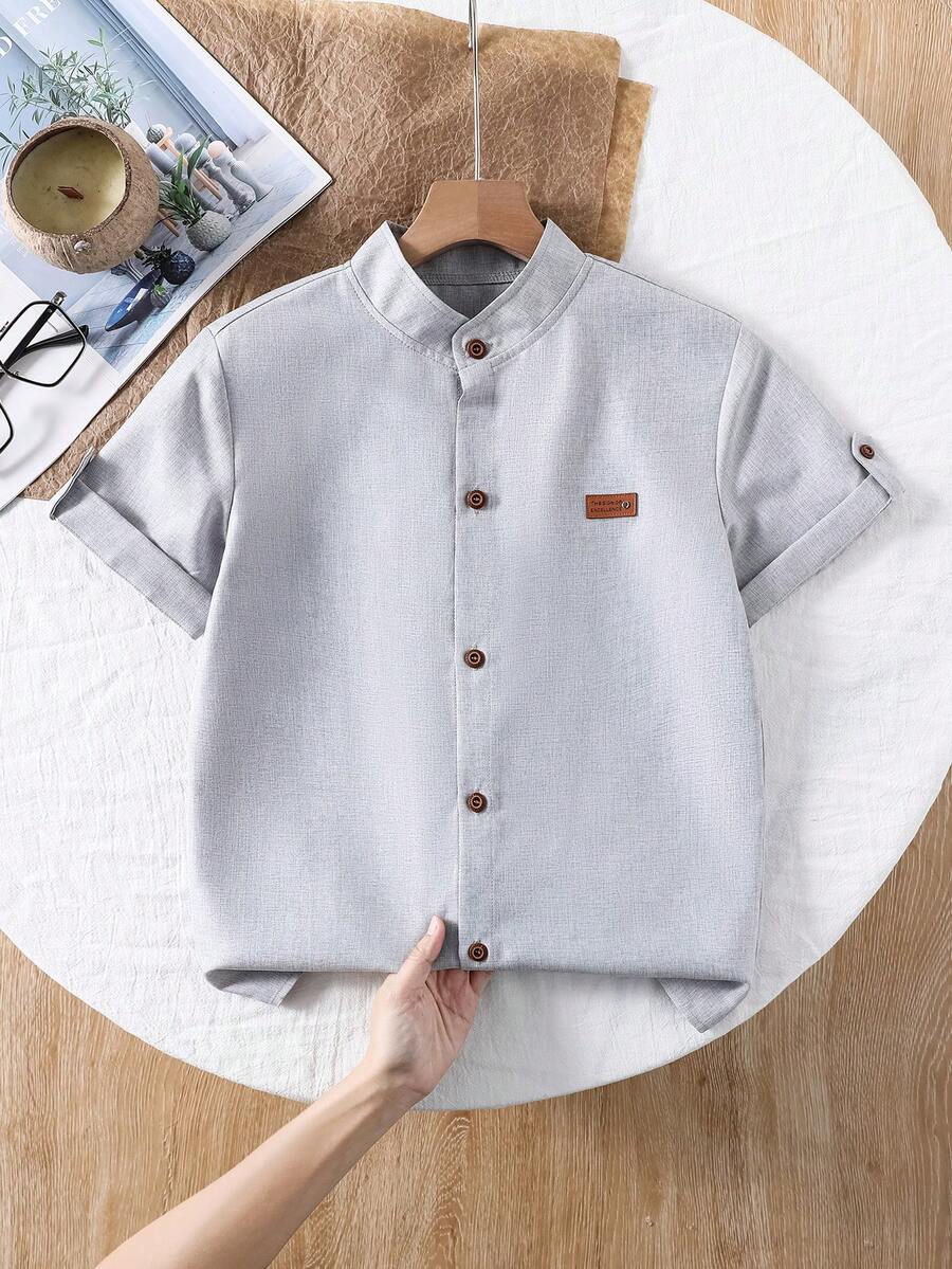 SHEIN 1pc Tween Boys' Stand Collar Gentleman Style Solid Blue Casual Short Sleeve Shirt, Spring/Summer - Light Grey - View 1