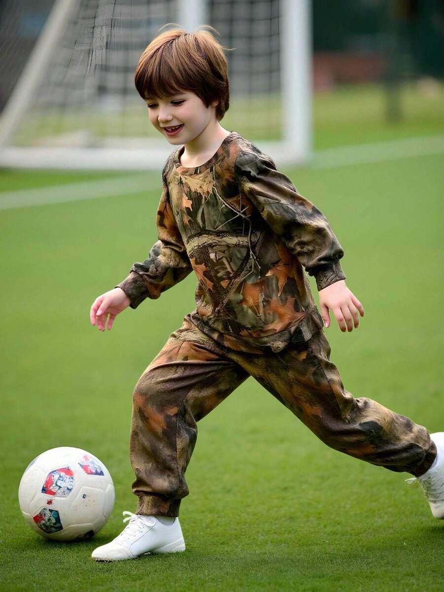 2 件套年轻男孩树叶印花圆领长袖运动衫和运动裤休闲宽松套装，秋冬 - 卡其色 - 查看 1