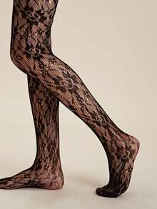 ROMWE Goth 2 Pairs French Fashion Black Rose Lace Stockings, Suitable For Pairing With Dresses - Black - View 2