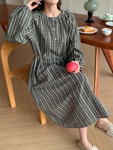 DAZY Plaid Lantern Sleeve Women's Casual Lounge Dress, Winter, Moo Moo Night Dress Pajamas - Green - View 6