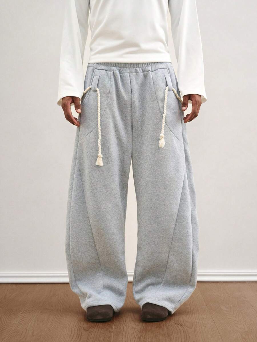 TOKVUE Men's Fashion Rope Detail Curved Blade Wide Leg Pants, Men's Trousers, Men's Casual Pants, American Street Style Loose Flared Long Pants, Loose Curved Blade Pants, Men's Trousers, Men's Wide Leg Pants, Halloween Gift, Christmas Gift, Super Loose Leg Flattering, Gift For Boyfriend, Light Grey Pants, Autumn - Light Grey - View 1