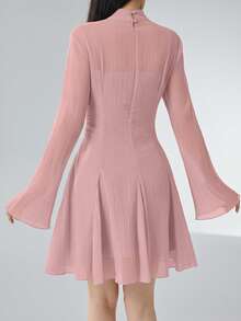 Heiryn Women's Solid Color Stand Collar Raglan Flare Sleeve Ruched Waist Elegant Mini Dress - Pink - View 2