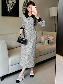 DAZY Váy dài vừa phải cổ bẻ phối màu thanh lịch dành cho nữ, mùa thu - Xám - Xem 4