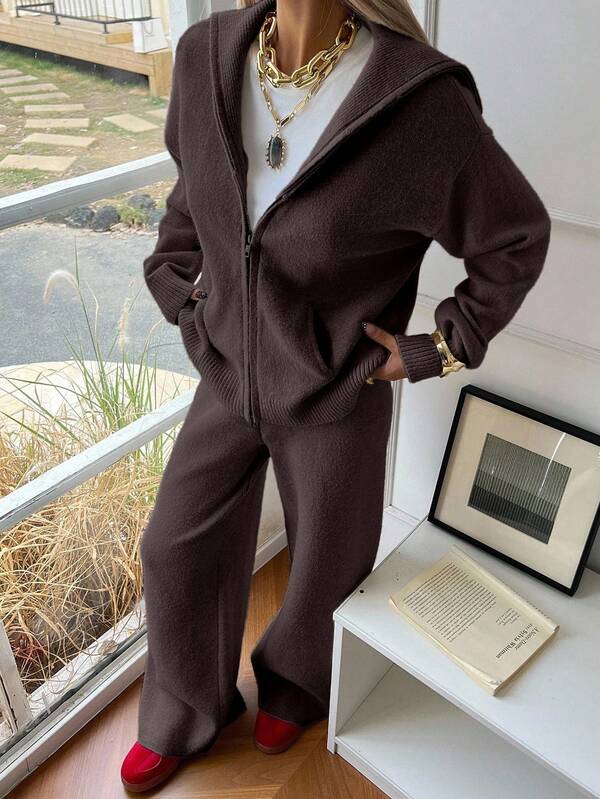 DAZY 2pcs Women Solid Color Drop Shoulder Long Sleeve Zip-Up Hooded Cardigan Sweater Set