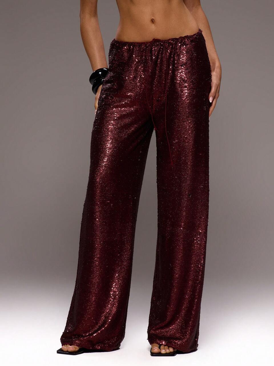 Mid Rise Tie Front Sequin Wide Leg Trousers  Sexy Elegant Occasion Party Evening NYE Summer Casual