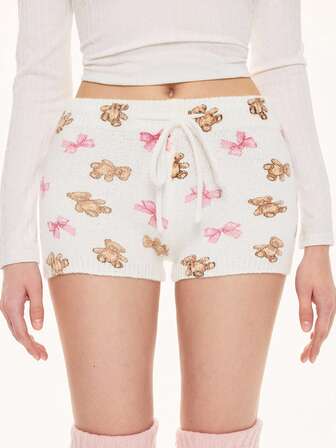 Kawaii Short en tricot à taille élastique et cordon de serrage, motif ours et nœud, taille basse pour femmes