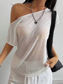 DAZY Women's Sexy Casual Asymmetric-Shoulder Short Sleeve Sheer Top, Summer Vacation - White - View 6