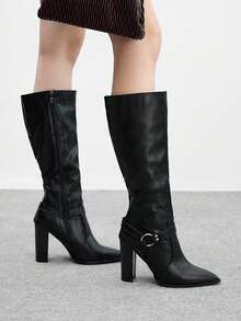 CUCCOO BIZCHIC Hochwertige Herbst/Winter Schnallen Pendler Schwarz Kniehohe Stiefel, Spitze Zehe Plateau Absatz Elegante Damenstiefel, Modischer vielseitiger neuer Stil Lange Stiefel, die weiblichen Charme und Eleganz zeigen - Schwarz - Übersicht 3