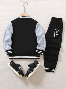 SHEIN Genkimix Kids 4-7 Years Old Young Boys' Collegiate Baseball Jacket 2-Piece Set - Black Knit Cardigan Baseball Jacket With White Sleeves, Letter "P" Print, Matching Printed Sweatpants With Ribbed Collar, Cuffs And Hem, Comfortable And Casual, Suitable For Spring/Autumn, Daily Wear, Sports, School, Travel - Multicolor - View 2
