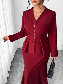 Elenzga 大码女式两件套收腰喇叭鱼尾裙优雅淑女套装，休闲两件套新款收腰 A 字型纽扣衬衫和裙子，适合返校、毕业典礼、情人节、音乐节、母亲节、万圣节、感恩节、复活节、国庆节、联欢晚会、约会派对、婚礼季、户外旅行 - 酒紅色 - 查看 2