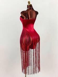 Amplova Váy dự tiệc hở lưng viền tua rua màu đỏ dành cho nữ - Đỏ - Xem 2