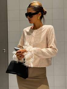 Livesso Women's Elegant Sequin Patchwork Fluffy Blouse, Suitable For New Year, Christmas, Wedding, Party, Ball, Autumn/Winter Long Sleeve Women Glitter Top - Champagne - View 7