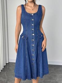 Elenzga 女式休闲牛仔口袋连衣裙 - 藍色 - 查看 1