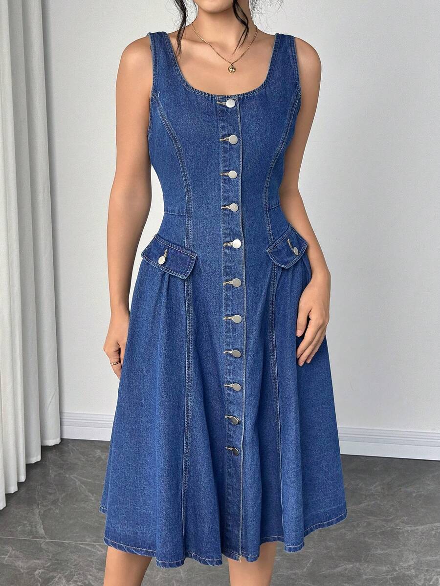 Elenzga 女式休闲牛仔口袋连衣裙 - 藍色 - 查看 1