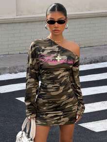 Muchica Women's Camouflage Pattern Asymmetrical Shoulder Mini Bodycon Dress For Going Out Outfits, Streetwear, Y2K Clothes - Green - View 5