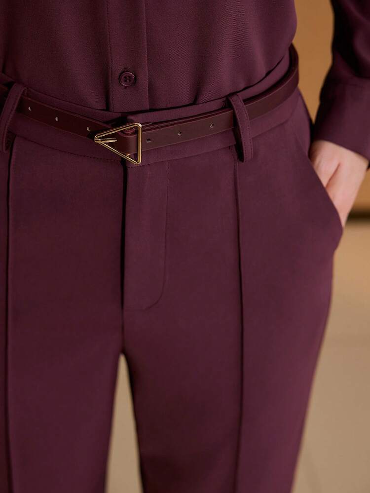 WOMEN'S BURGUNDY STRAIGHT LEG SUIT PANTS WITH SLANT POCKETS, ELEGANT OFFICE WEAR & VERSATILE ALL-MATCH