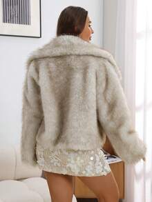 Almamuse Women's Faux Fur Collar Long Sleeve Short Jacket, Autumn/Winter - Light Grey - View 2