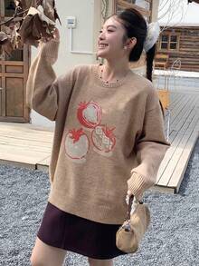 Dazy Plus Fashionable Girl's Casual Apple Jacquard Christmas & New Year Plus Size Women Pullover Sweater, Autumn/Winter - Khaki - View 3