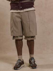 Musero Tailored Longline Shorts Pleat Seam Detailing Double Layer Style Button Fastening Belt Loop Detail Summer Spring Holiday Vacation Streetstyle - Khaki - View 2