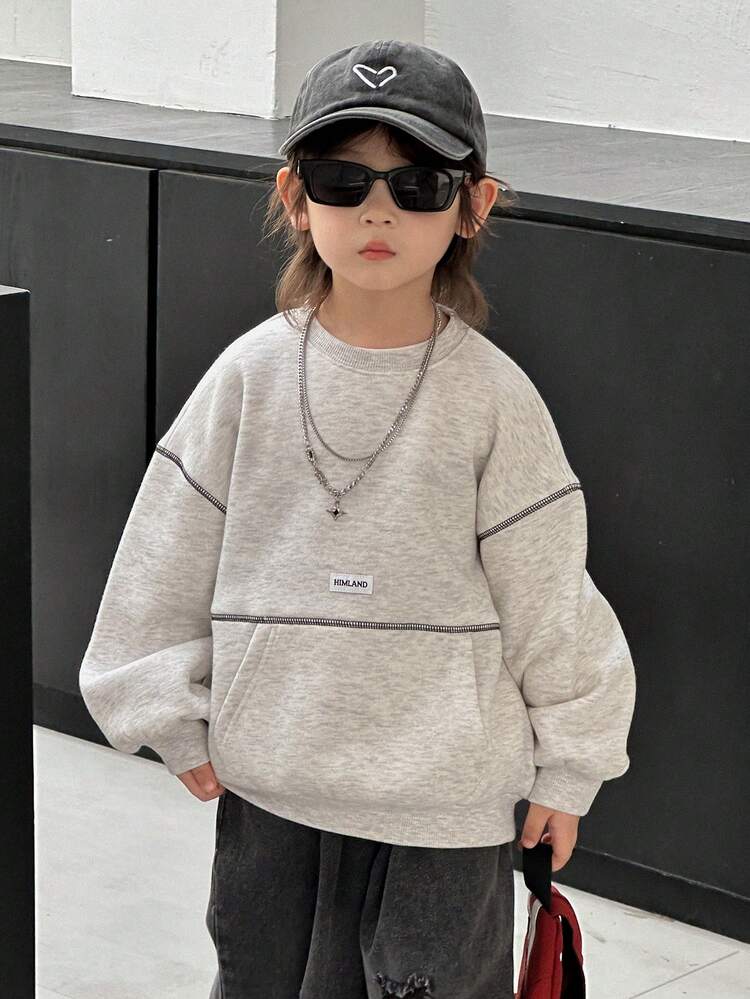 Young Boy Letter Graphic Dropped Shoulder Crew Neck Long Sleeve Casual Loose Pocket Sweatshirt, Autumn/Winter