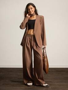 Easelle 女士简约通勤棕色梭织V领西装外套和裤子套装 - 棕色 - 查看 5