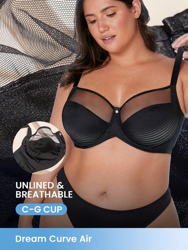 LUVLETTE Sujetador minimalista de cobertura total sin forro, con soporte lateral, de malla transparente y cómodo, en talla grande
