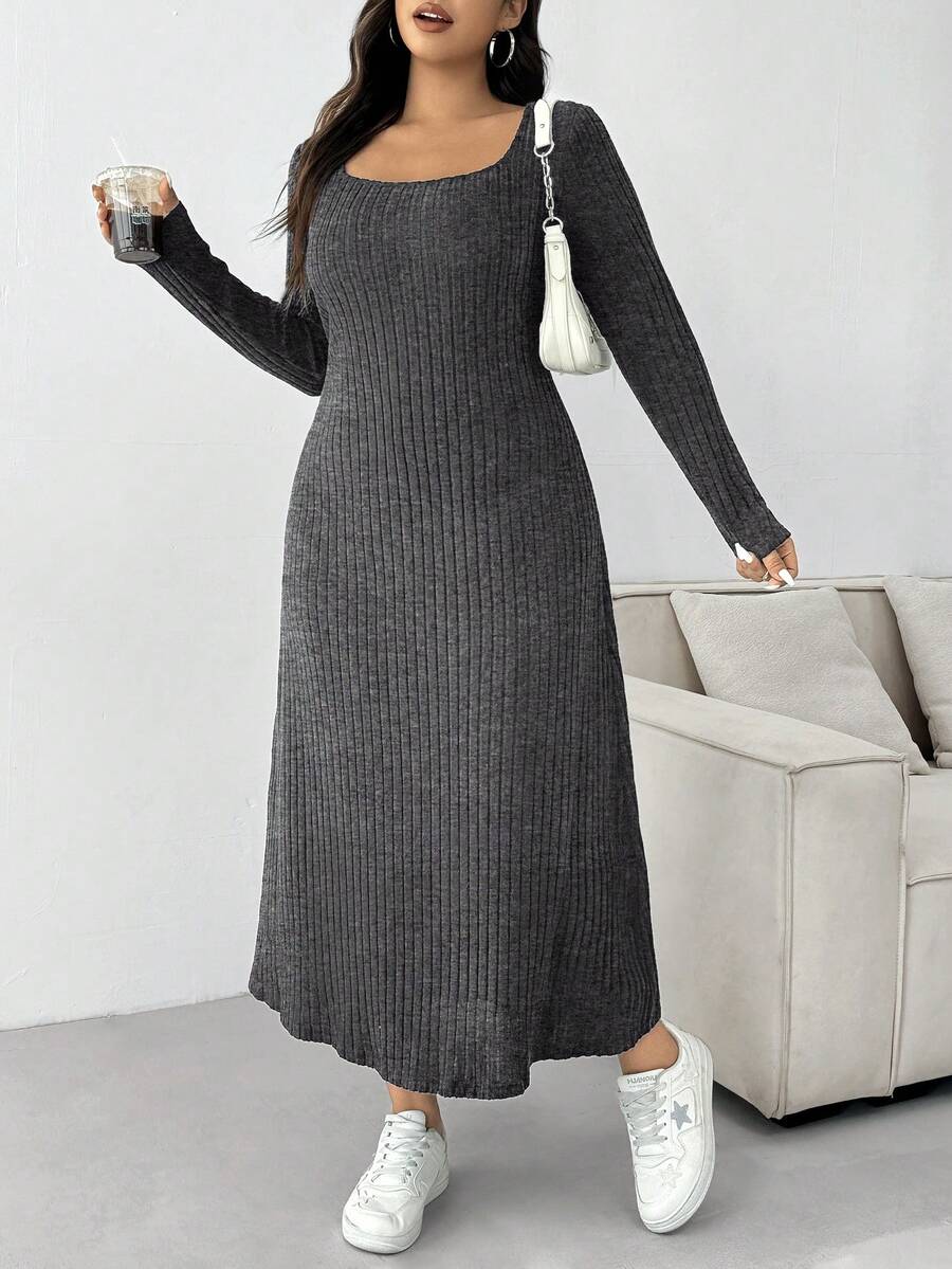 SHEIN EZwear 大码休闲纯色圆领长袖连衣裙,秋季 - 灰色 - 查看 1
