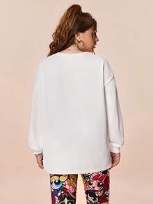 THE POWERPUFF GIRLS X SHEIN Conjunto de 2 piezas de sudadera con cuello redondo y pantalones con estampado de Blossom, Bubbles y Buttercup de dibujos animados, talla grande, informal, para otoño - Multicolor - Ver 2