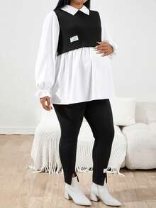 SHEIN 秋季服装，秋季孕妇装，孕妇加大码两件套，长袖上衣搭配可调节腰裤，休闲套装，加大码套装，打底裤，加大码女装，时尚加大码，加大码打底裤，加大码紧身裤，加大码女装两件套，曲线加大码，加大码套装，开衩打底裤，女士打底裤 - 黑與白 - 查看 3