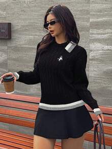 Ritzy Row Women's Contrast Color Embroidered Sweater, Autumn/Winter - Black - View 4
