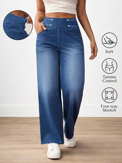 Flexra Plus Size Casual Washed High Waist Straight Leg Jeans,Fall Clothes For Women Tummy Control Jeans Wide Leg Jeans Plus Size Jeans Curvy Jeans Stretch Jeans