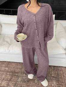 Dazy Plus 2 Stücke Große Größen Damen Dicke Fleece V-Ausschnitt Locker Top und Hose Pyjama Set, modische Hauskleidung für Herbst/Winter - Mauve - Übersicht 6