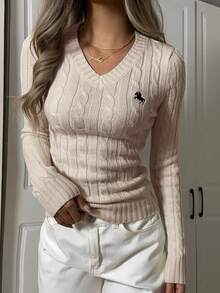 SHEIN EZwear Sweater V-Neck Hitam Ukuran Besar dengan Logo Kasual untuk Musim Gugur/Dingin - Aprikot - View 4