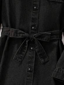 SHEIN Casual Front Button Long Sleeve Tween Girls Denim Dresses, Black Denim Dress, Denim Shirt Dress, Button Down Dress, Jean Dress Fall Winter - Black - View 6