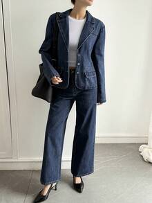 Livesso Women's Casual Denim Jacket And Distressed Jeans Set, Autumn/Winter