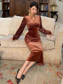 DAZY Elegant Patchwork Pleated Sequin Collar Midi Dress For Women, Autumn - Brown - View 7