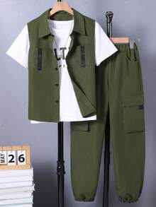 SHEIN Vacaura 3 件套青少年男孩休闲装：领背心、短袖 T 恤和口袋工装裤，春夏 - 軍綠色 - 查看 3