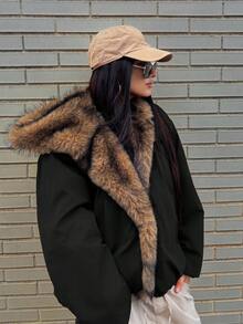 DAZY 女士拼接毛领宽松长袖连帽休闲街头风羽绒服，秋冬款 - 黑色 - 查看 1