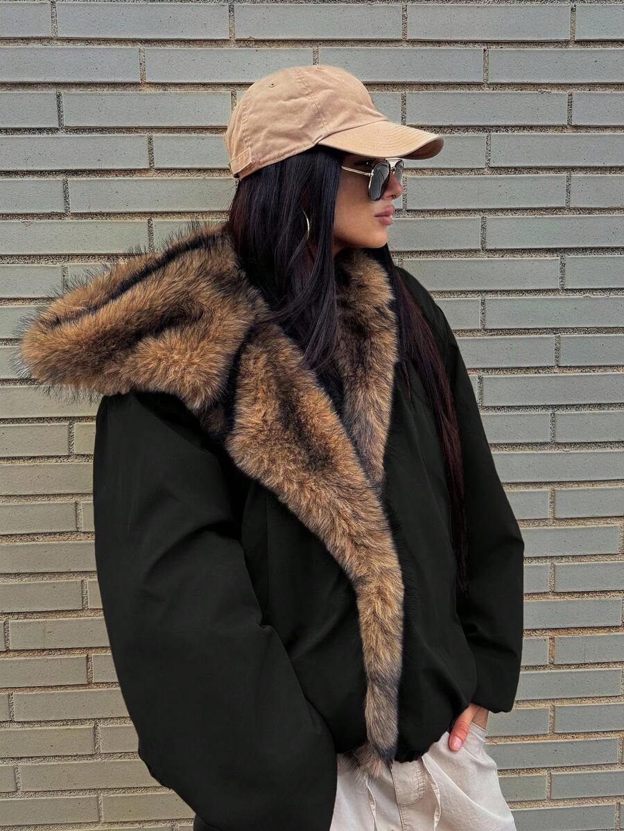 DAZY 女士拼接毛领宽松长袖连帽休闲街头风羽绒服，秋冬款 - 黑色 - 查看 1