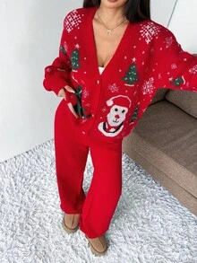 Zielony 女士时尚休闲简约节日派对家居日常百搭秋冬装，圣诞派对装，长袖纽扣 V 领圣诞提花雪人提花红撞色绿白芝麻底提花毛衣和裤子 2 件套 - 紅色 - 查看 4