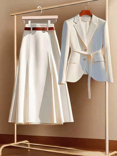 Franclia 2pcs Elegant Office Wear Set - Solid Color Blazer Jacket And High Waisted Skirt Clothes For University Fall Cloth For Women