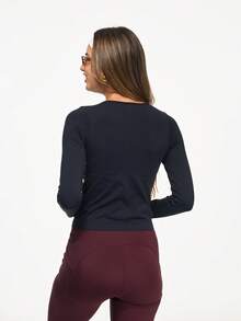 Eassivo Eassivo 女式纯色圆领长袖休闲健身运动T恤 - 黑色 - 查看 2