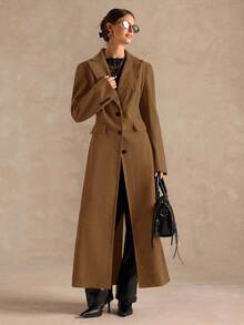 SHEIN BAE Áo khoác dài cao cấp, thắt eo màu trơn, thời trang thu/đông - Lạc đà - Xem 4